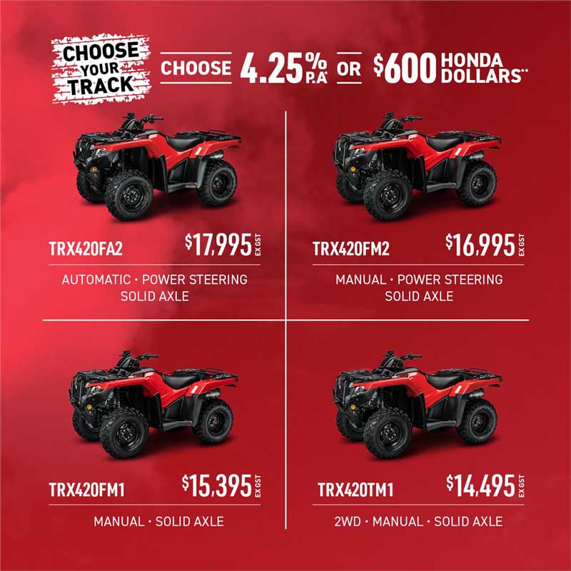 choose 4.25% or $600 honda dollars - quad bikes nz